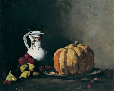 Stillleben mit Kürbis, Pflaumen, Kirschen, Feigen und Krug von Auguste Theodule Ribot